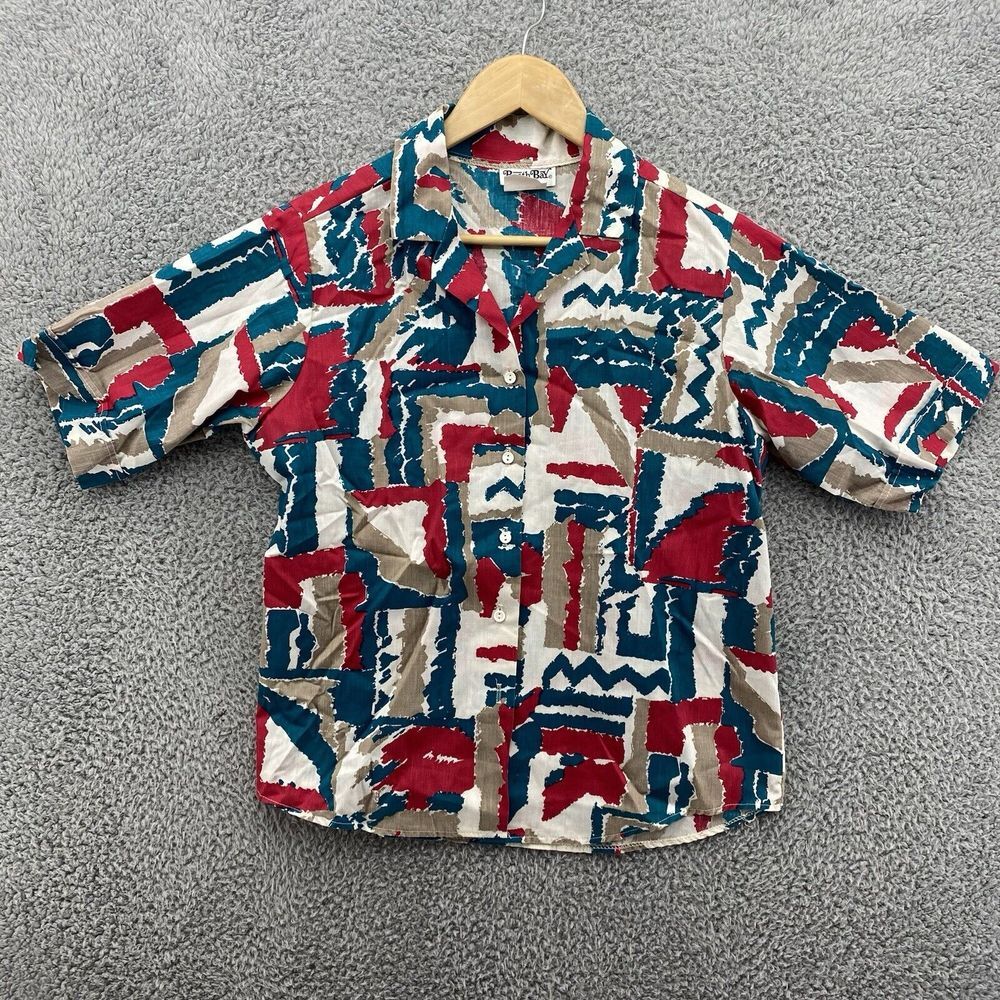 VTG 80s Womens Size‎ 11/12 Short Sleeve Colorful Geometric Aztec Button Up Shirt